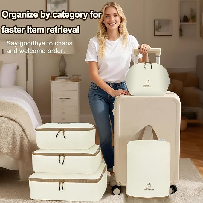 5 Set Packing Cubes for Travel, Various Sizes Luggage Organizer Bags with Double Zipper, Durable Space Saver Bags Travel Essentials (5 Set, Beige)