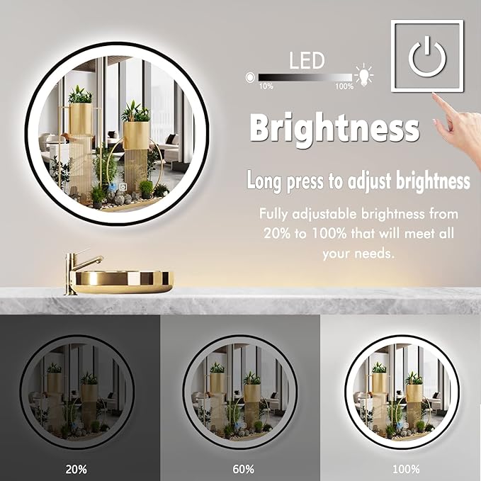 24 Inch Black Frame Round Lighted Mirror for Bathroom Salon Wall Black Round LED Vanity Mirror with Lights 3 Color Adjustable Brightness AntiFog 24" BlackFramed Circle Smart Light up Mirrors