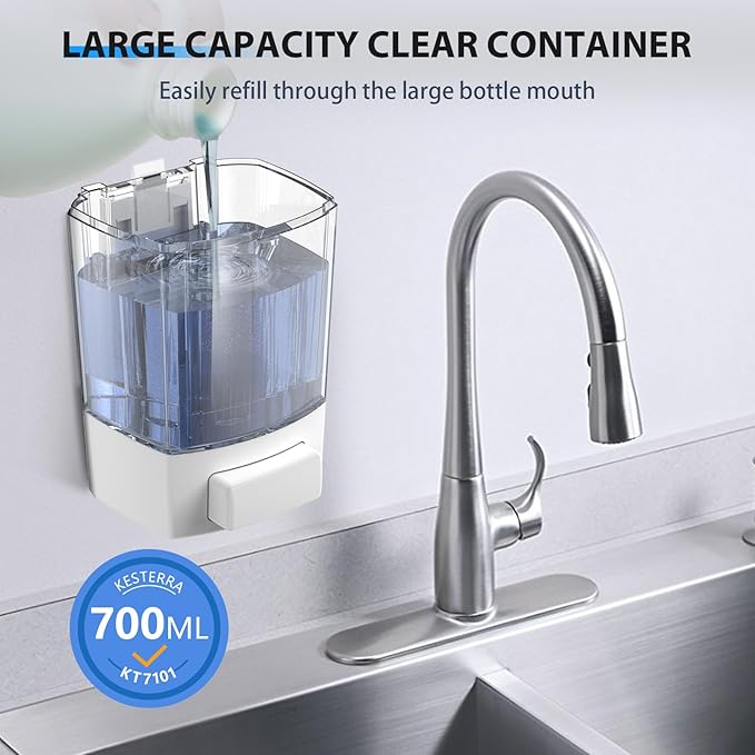 Manual Soap Dispenser, 23.7oz/700ml Wall Mount Soap Dispenser, Large Capacity Kitchen Bathroom Hand Soap Pump, Commercial Refillable Shampoo Shower Gel Lotion Dispenser, White