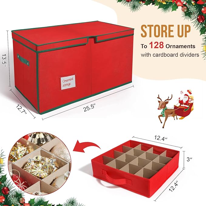 WDZREE Premium Large Christmas Ornament Storage,Box with Side Open, Drawer Style Trays -3" Compartment, 8 Trays, Keeps 128 Holiday Ornaments -Made of Durable 600D Oxford Fabric Tear-Proof Material