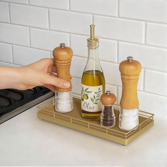 Bathroom Vanity Tray – 12" x 6" Oak Decorative Wooden Tray for Toilet Tank Organizer, Wood Tray for Bathroom Countertop, Soap, Perfume, Storage Vanity Dresser Decor for Bathroom Essentials Gold