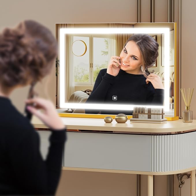 Makeup Vanity Mirror with USB Charging Port 24" x 19" Large LED Makeup Mirror, Desk Mirorr with Lights, Light up Mirror with 10X Magnification and, Dimmable 3 Modes, Touch Control Gold