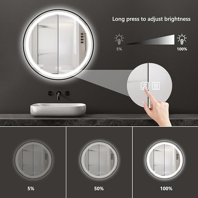 APRILSOUL 36 Inch Round Aluminum Framed LED Bathroom Mirror with Lights, Makeup Mirror with Front and Backlit, Anti-Fog, 3 Colors and Dimmable Light