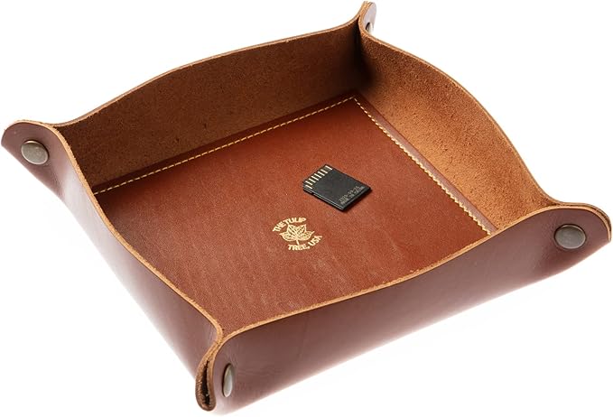 USA Handmade Premium Leather Valet Tray, Folds Flat! Dice Rolling Basket and Organizer with Brass Snaps (Chestnut Gold, Large)