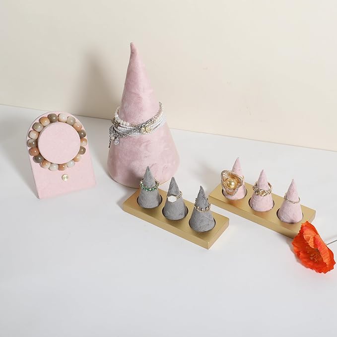 GemeShou grey jewelry ring display holder for selling, velvet ring cone display stand, cute cone shaped ring holder with golden coated base,Small jewelry ring storage organizer【Ring holder-grey】
