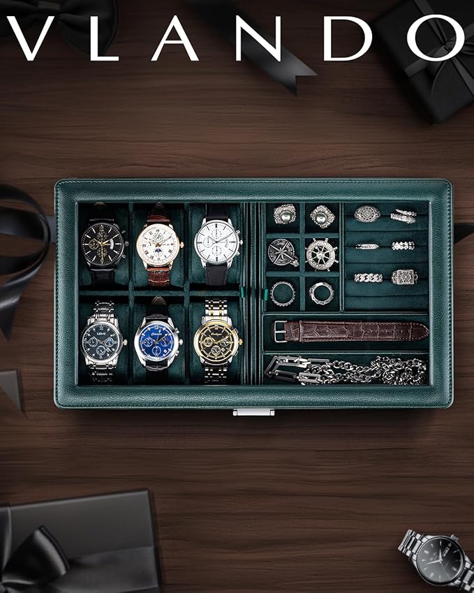 Vlando 6-Slot Watch Box Organize, Lockable Watch Case with Textured Leather, 2 Layer Watch Holder for Rings, Bracelets, Glasses, Glass Lid, Removable Divider, Gift for Fathers, Husband, Friend, Green