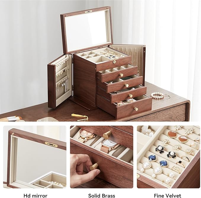 Black Walnut Wooden Jewelry Box, Wood Jewelry Organizer with 2 Side Doors Mirror Lockable Classical Style for Watch Necklace Ring Earring Storage Valentines Day Gifts for Her-5 Layer