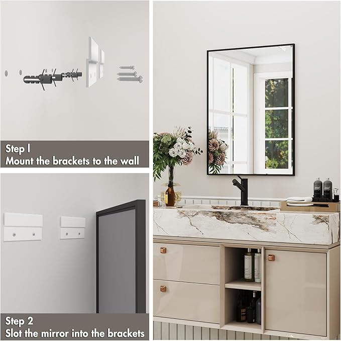 48x32 Black Framed Bathroom Mirror, Matte Black Bathroom Vanity Mirror Farmhouse, Large Rectangle Wall Mirror, Anti-Rust, Tempered Glass, Shatter-Proof, Easy to Install Vertically/Horizontally