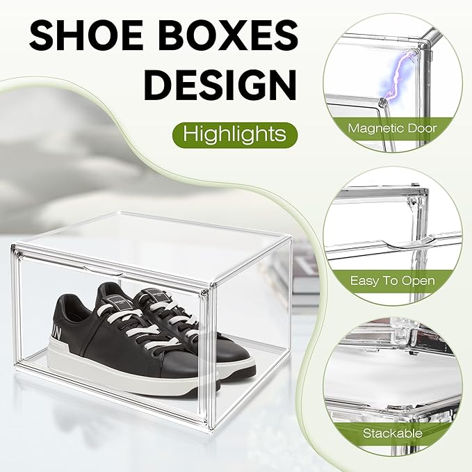 1 Pack Shoe Display Case Plastic Shoe Storage Box with Magnetic Acrylic Door Size 12.5, Transparent Sneaker Boxes Shoe Rack Substitute Closet Organizers Storage Bins, Easy Assembly