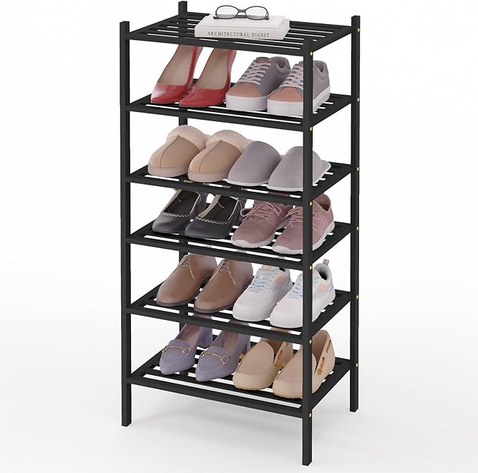 Smiry Small Bamboo Shoe Rack 6-Tier, Stackable Wooden Shoe Organizer for Entryway & Closet, Free Standing Wood Shoe Storage Shelf for Front Door & Small Spaces, Black