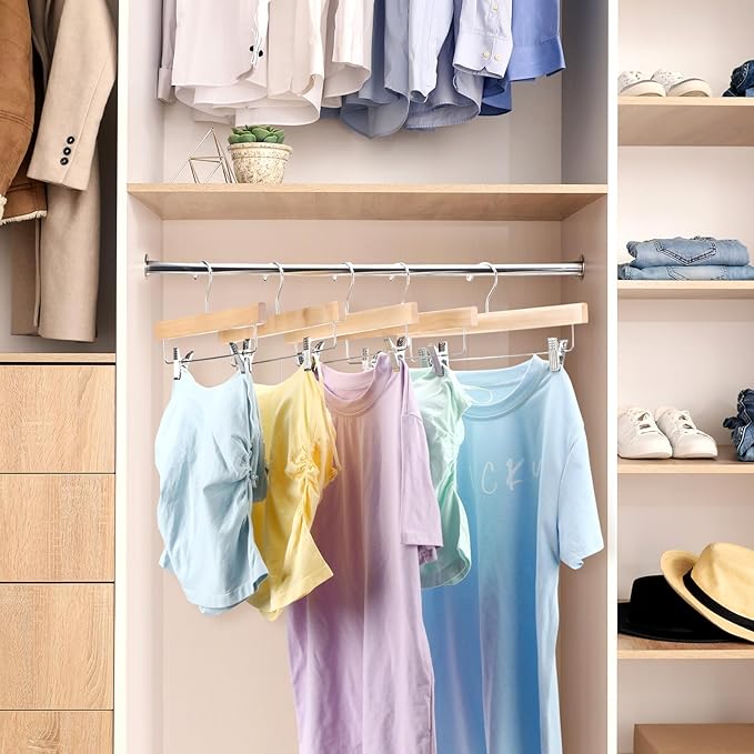Sieral 30 Pack Wooden Pants Hangers with Clips Solid Wood Skirt Suit Coat Hangers with 2 Adjustable Clips 360 Degree Swivel Hook for Trousers Jeans Slacks Shorts Bottom, 14 Inch(Natural,Stylish)
