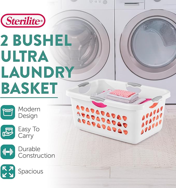 Sterilite 4-Pack 2 Bushel Ultra Laundry Basket, Rectangular Plastic Clothes Hamper, White - Ventilated Open-Top Utility Wash Bin with 4 Handles and Large Clothing Load Capacity