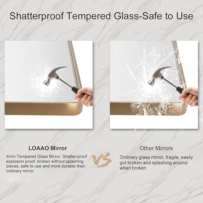 LOAAO 50”X30” Gold Bathroom Mirror, Rounded Rectangle Gold Frame Mirror, Brushed Gold Bathroom Vanity Mirror Wall-Mounted, Anti-Rust, Tempered Glass, Hangs Horizontally or Vertically