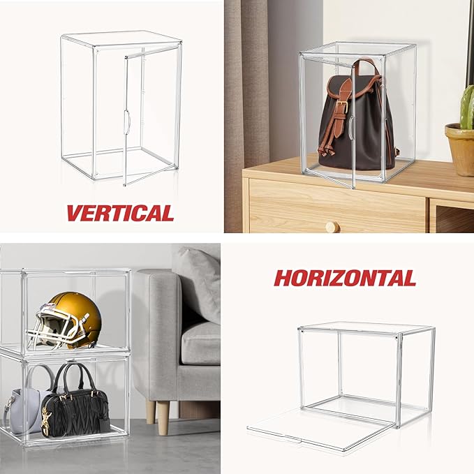 1 Pack Extra XXX-Large Acrylic Purse Display Case 17.7''x13''x13'' Clear Purse Handbag Organizer Stackable Storage Bins with Dustproof Magnetic Door Acrylic Box for Shoes, Helmet, Boots, Figures