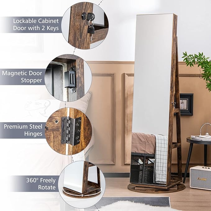 CHARMAID 360° Swivel Jewelry Armoire with Full Length Mirror, Rear Storage Shelves, Lockable Standing Jewelry Cabinet Organizer with Interior Vanity Mirror and 3-Color Lights (Rustic Brown)