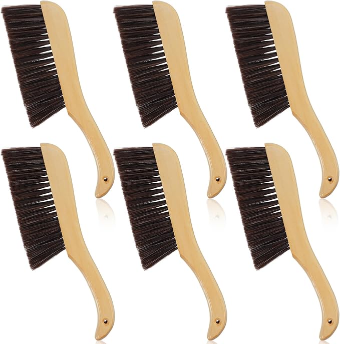 6 Pieces Wooden Hand Broom, Soft Bristle Dust Brush with Long Wood Handle, Cleaning Brush for Furniture, Car, Sofa, Bed, Fireplace, Bench, Counter, Clothes, Household Cleaning, Brown