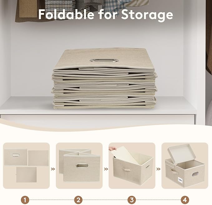 Lifewit Clothes Storage Bins with Lids, Fabric Foldable Storage Boxes with Handles, Decorative Closet Organizer, Stackable Cube Baskets Container for Bedroom, Office, 21L Medium Beige, 2 Packs
