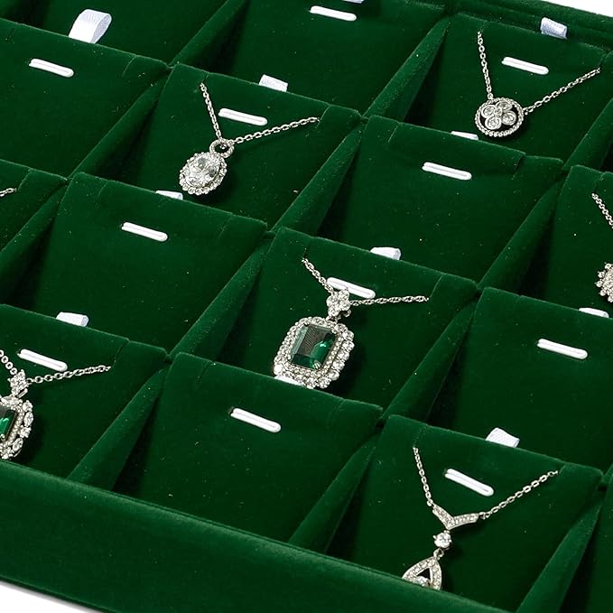 24 Grids Velvet Necklace Tray Necklace Holder Storage Jewelry Display Tray for Drawers With Removable Jewellery Cards for Bracelet Chain Pendant (Green)