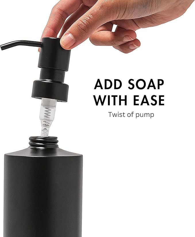 Black Soap Dispenser for Kitchen & Bathroom – 15 oz Refillable Resin Pump Bottle for Dish Soap, Hand Soap, Shampoo, Conditioner – Modern Countertop Dispenser with Non-Slip Protective Pads