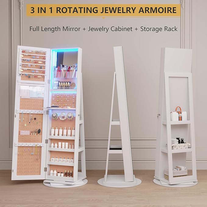 Vlsrka 360° Swivel Mirror Jewelry Cabinet, Large Jewelry Armoire Cabinet Standing, Lockable Full Length Mirror with Storage, 3 LED Lights, Foldable Makeup Shelf, Beige Velvet, White