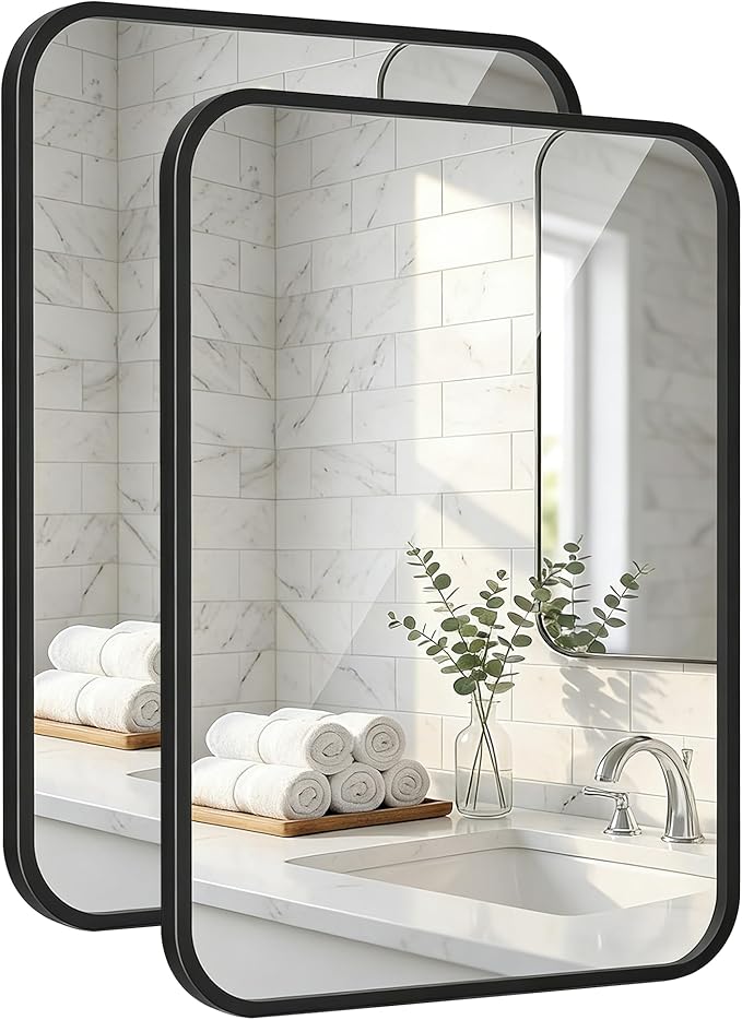 2 Pack Bathroom Mirrors for Over Sink, 24"x30" Matte Black Framed Vanity Mirror, Rounded Corner Rectangular Metal Mirror for Wall, Modern Farmhouse Industrial Decor