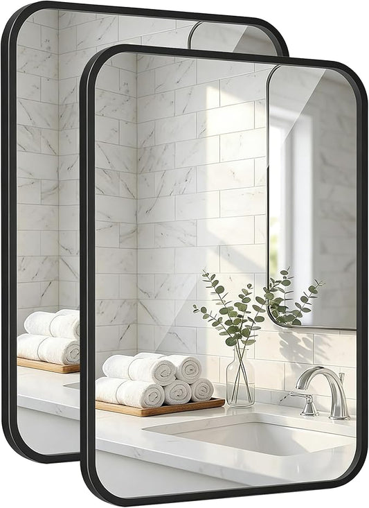 2 Pack Bathroom Mirrors for Over Sink, 24"x30" Matte Black Framed Vanity Mirror, Rounded Corner Rectangular Metal Mirror for Wall, Modern Farmhouse Industrial Decor