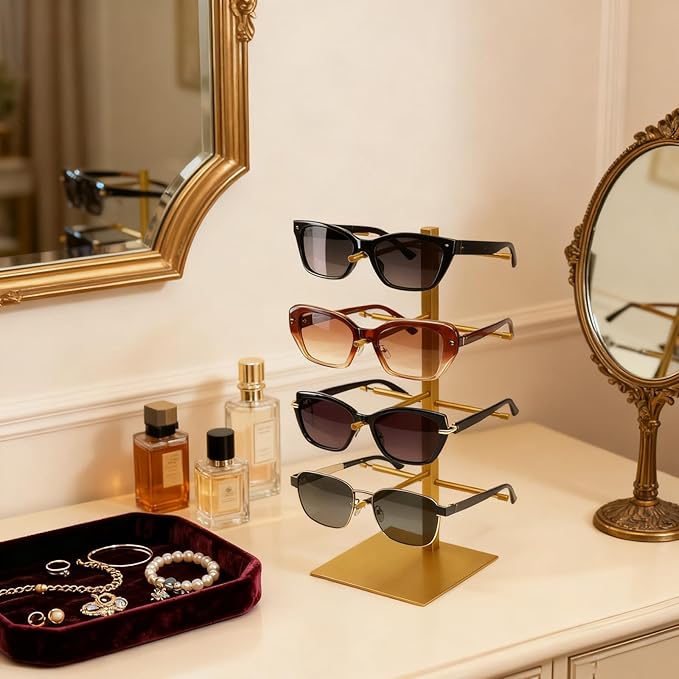 3-Tier Sunglass Display Stand,Sunglasses Organizer，Titanium Brushed Eyeglass Holder Stand，Gold Sunglasses Rack for homes, offices, boutique shops（PATENT PENDING