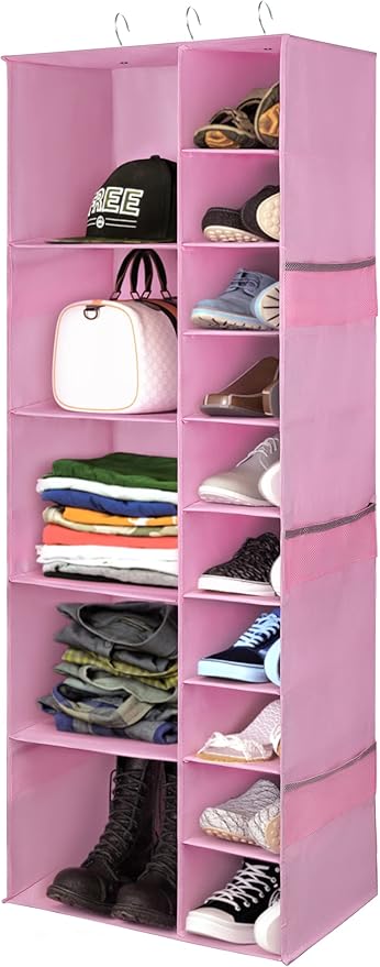 coastal rose Closet Organizers and Storage Shelves, 15 Sections Hanging Shoe Closet Storage Organizer, Space-Saving Shoe Rack Holder Hanger, Pink