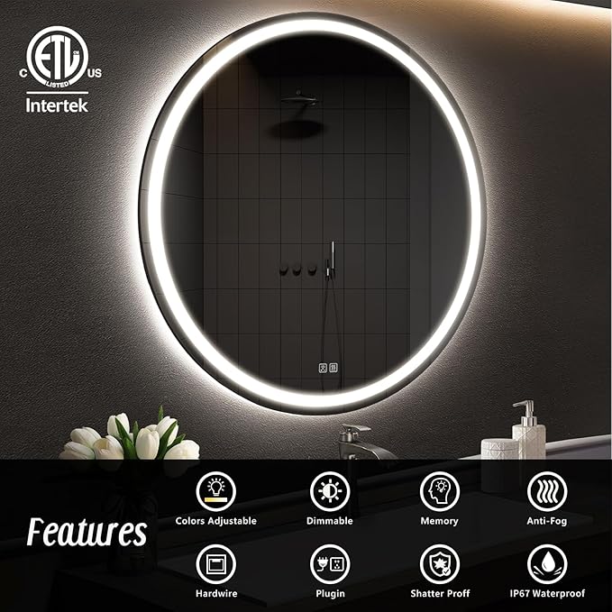 APRILSOUL 48 Inch Round LED Bathroom Mirror with Lights, Makeup Mirror with Front and Backlit, Anti-Fog, 3 Colors and Dimmable Light