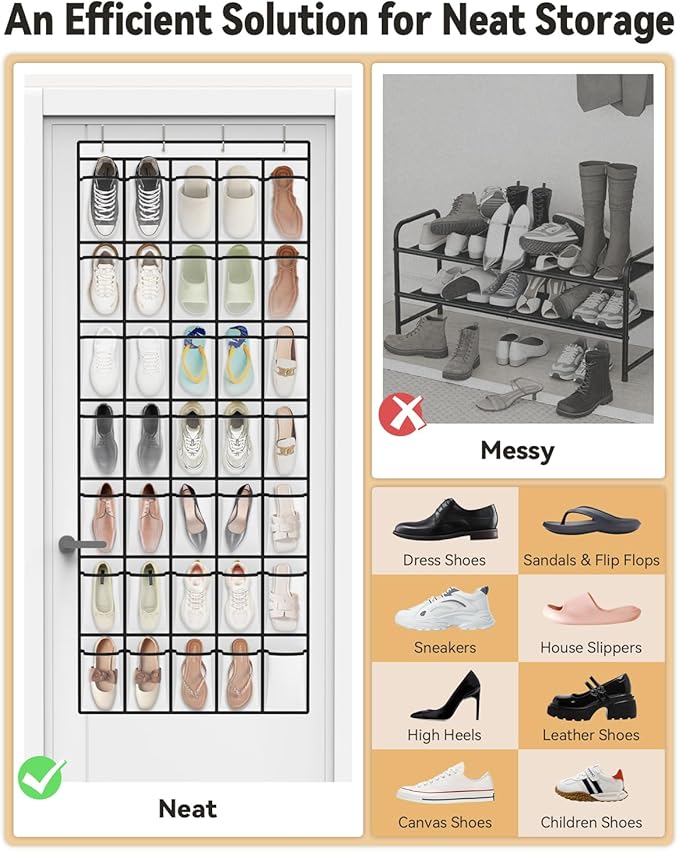 dodowin Over the Door Shoe Organizer Rack, 35 Large Breathable Mesh Pockets, Foldable Hanging Storage Holder for Closet Door, Space Saving Shoe & Accessory Organizer with 4 Metal Hooks, White