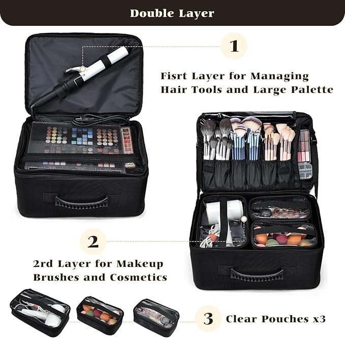 Costravio Makeup Bag Organizer Large Makeup Case Backpack Professional 2 Layers Cosmetic Storage Organizer Brush Slot with 3 Clear Set Bags for Makeup Artists with Shoulder Strap Adjustable Dividers