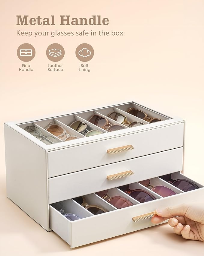 Lolalet Beige Sunglasses Storage Box for Women, Eyewear Eye Glass Organizer with Clear Top Lid Display Holder Case