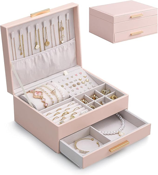 Lolalet 2-Layer Jewelry Box Organizer for Women Girls, Jewelry Storage Case Holder with Drawers for Necklaces Ring Earrings Bracelet Watch, Gifts for Galentines Valentines Girlfriend Wife -Pink