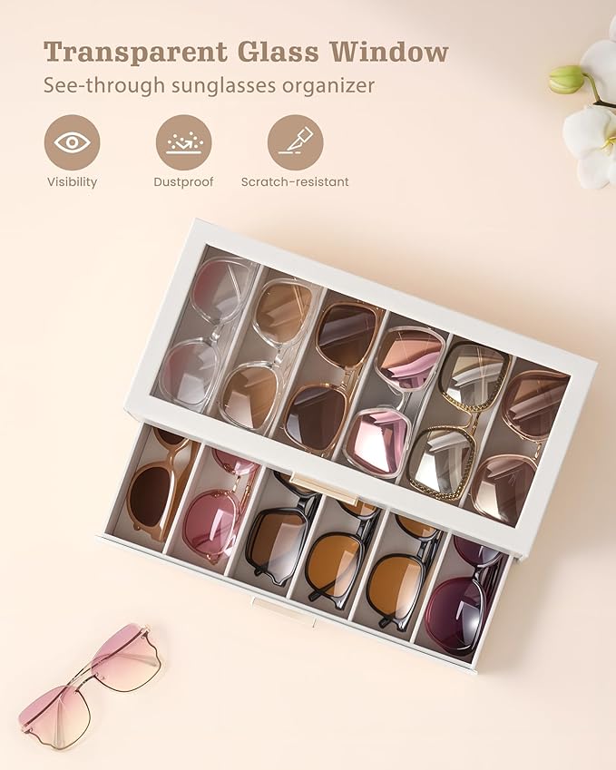 Lolalet Beige Sunglasses Storage Box for Women, Eyewear Eye Glass Organizer with Clear Top Lid Display Holder Case