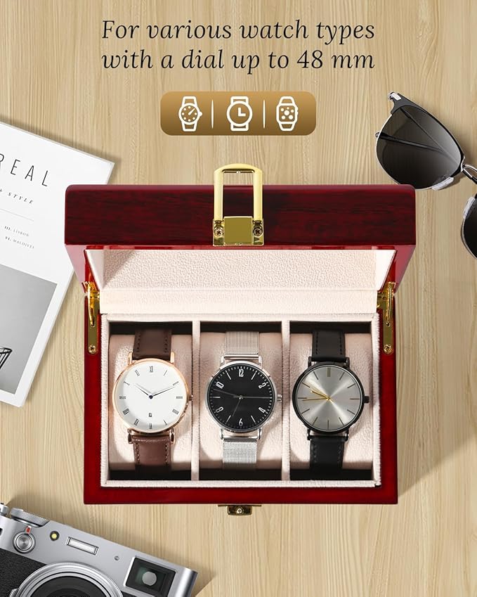 Uten 3 Slots Watch Box Storage Case Organizer Jewellery Display Wooden for Men Women