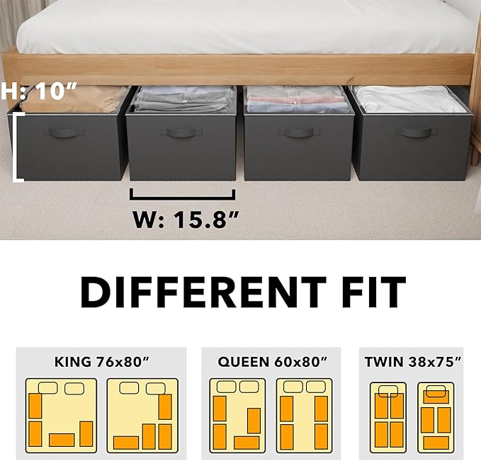 SpaceAid 4 Pack 10" High Under Bed Storage Containers, Large Underbed Storage Organizer Bins with Lids for Bedroom, Dorm, Clothes, Closet Organization, Bed Sheets and Blankets (Black)