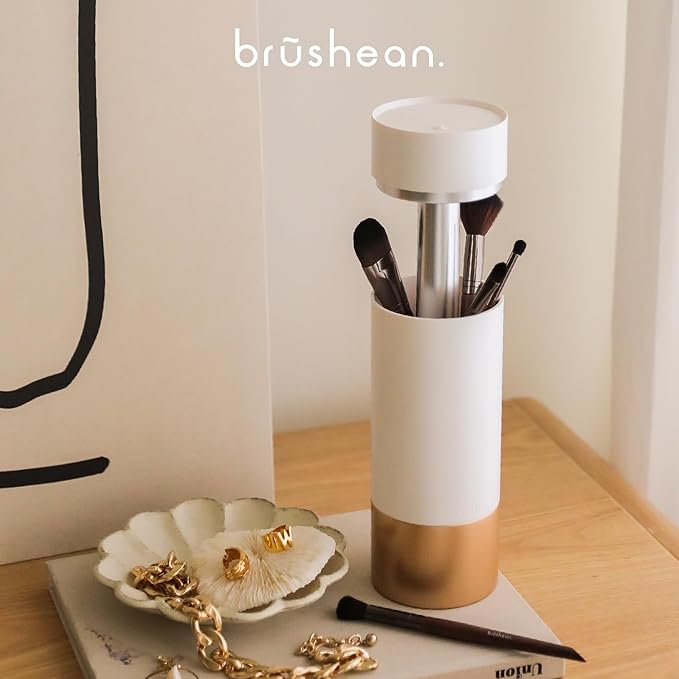 UVC Sanitizer with Ozone, Makeup Brush Holder, One Touch for Open, Dustproof Make Up Supplies Organized Storage, Stylish and Durable Design (Standard, White/Rose Gold)