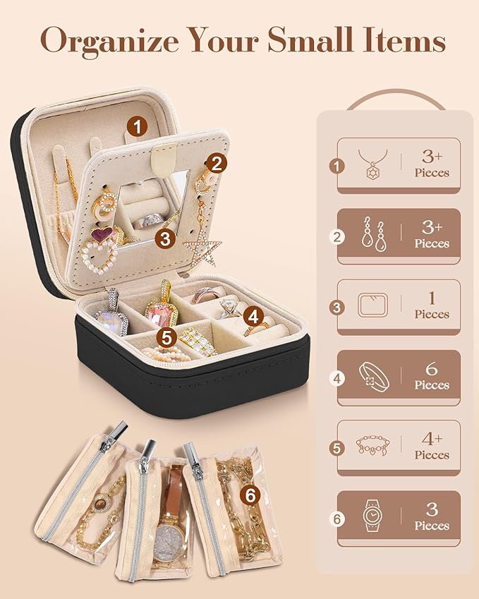 Bistup Travel Jewelry Case - Small Jewelry Organizers and Storage Box for Women Girls Teens Cute Traveling Jewelry Holder with Mirror Little Tiny Compact Modern Unique Aesthetic Pretty, Sun and Moon