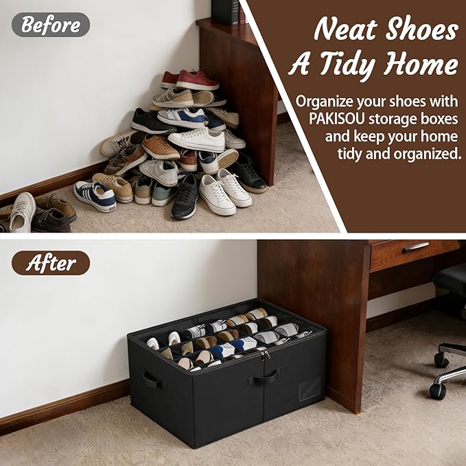 24 Pair Shoe Storage Box, Foldable Closet Shoe Organizer with Adjustable Dividers & Clear Cover, Space-Saving Shoe Containers for Home