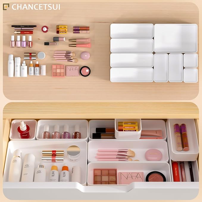 9 Pcs Stackable Drawer Organizer Trays Set, Multifunctional Stackable Storage Trays for Vanity, Bathroom, Kitchen, Desk Drawer Organizer Office. Plastic Drawer Organizers Available In 5 Colours, White