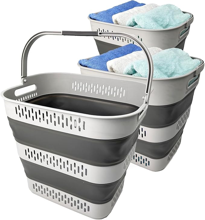 SAMMART 40L (10.5 Gallon) Collapsible Plastic Laundry Basket - Foldable Pop-Up Storage Container/Organizer – Portable Space Saving Laundry Hamper (3, Grey)
