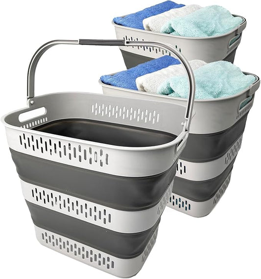 SAMMART 40L (10.5 Gallon) Collapsible Plastic Laundry Basket - Foldable Pop-Up Storage Container/Organizer – Portable Space Saving Laundry Hamper (3, Grey)