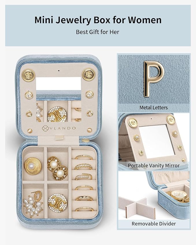 Vlando Jewelry Organizer Box, Small Jewelry Box for Women Girls, Initial P Travel Jewelry Case, Small Jewelry Organizer Box, Mini Travel Jewelry Box - Letter P, Blue