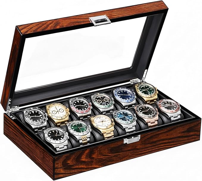 BEWISHOME Watch Case, 12-Slot Watch Box with Large Glass Lid, Wooden Watch Box Organizer for Men, Watch Storage with Removable Watch Pillows, Synthetic Leather Interior, Brown SSH12Y