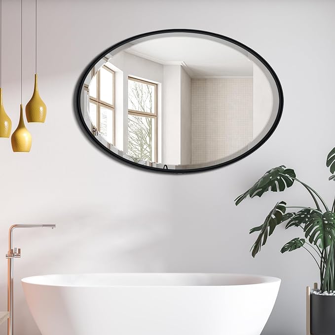 POZINO Oval Bathroom Mirror, 22"x30" Black Beveled Mirrors, Rounded Mirror for Over Sink, Modern Vanity Wall Mirror in Premium Stainless Steel Frame, Wall Mount Hangs Horizontal Or Vertical