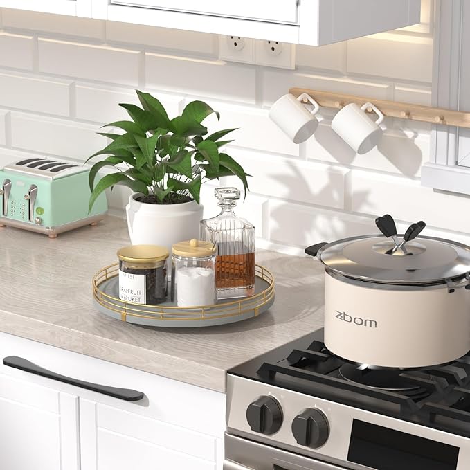 10" Wooden Lazy Susan Turntable for Cabinet – Rotating Spice Rack Organizer, Small Gray Kitchen Countertop Round Tray for Dining Table & Pantry Storage