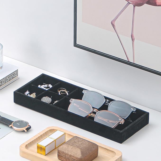 2Pcs Desk Drawer Storage Tray, Nightstand Organizer Tray, Necklace Bracelet Ring Earring Jewelry Display Tray, Grid Table Organizer Holder Tray for Sunglass, Phone, Watch, Perfume (6 grid)/Black