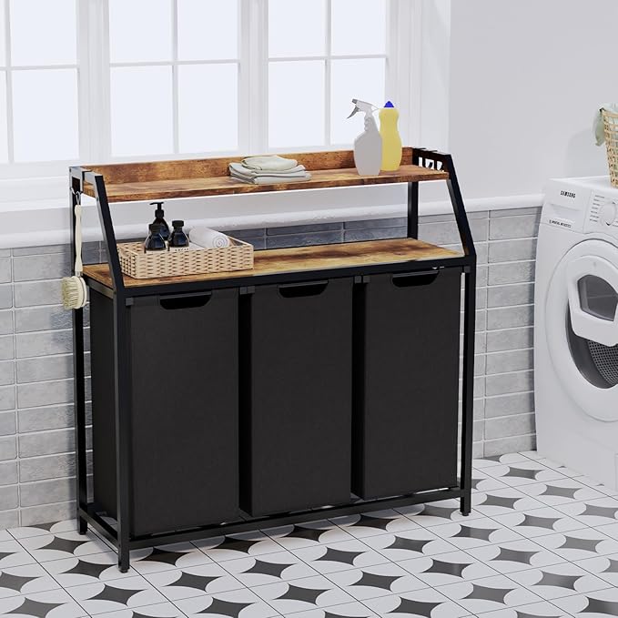 Laundry Hamper, Laundry Sorter 3 Section, Rolling Laundry Basket with Wheels, 2 Shelves, 3 × 14.5 Gal, Pull-Out and Removable Oxford Fabric Bags, for Laundry Room, Black and Rustic Brown