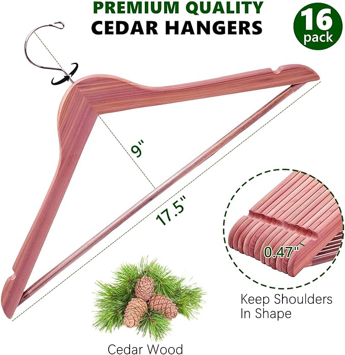 Amber Home 16 Pack American Red Cedar Hangers, Smooth Finish Wood Coat Hangers with Swivel Hook & Notches for Suit, Shirt, Dress, Jacket, Pants