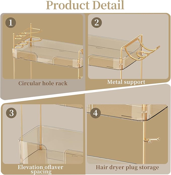 3 Tier Bathroom Organizer Countertop Makeup Perfume Tray Skincare Organizer Comes with Hair Dryer Rack and Toothbrush Holder for Bathroom Dresser Vanity (Gold)